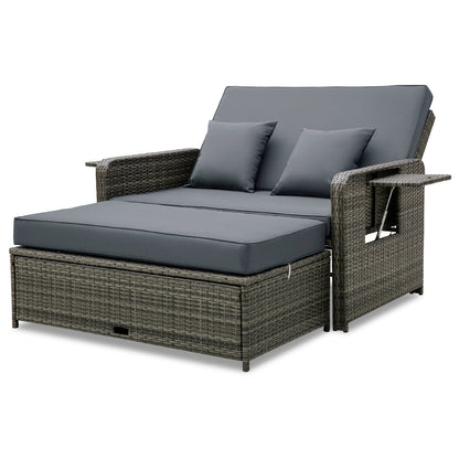 Wicker Loveseat Sofa with Multipurpose Ottoman and Retractable Side Tray, Gray Patio Furniture Sets at Gallery Canada