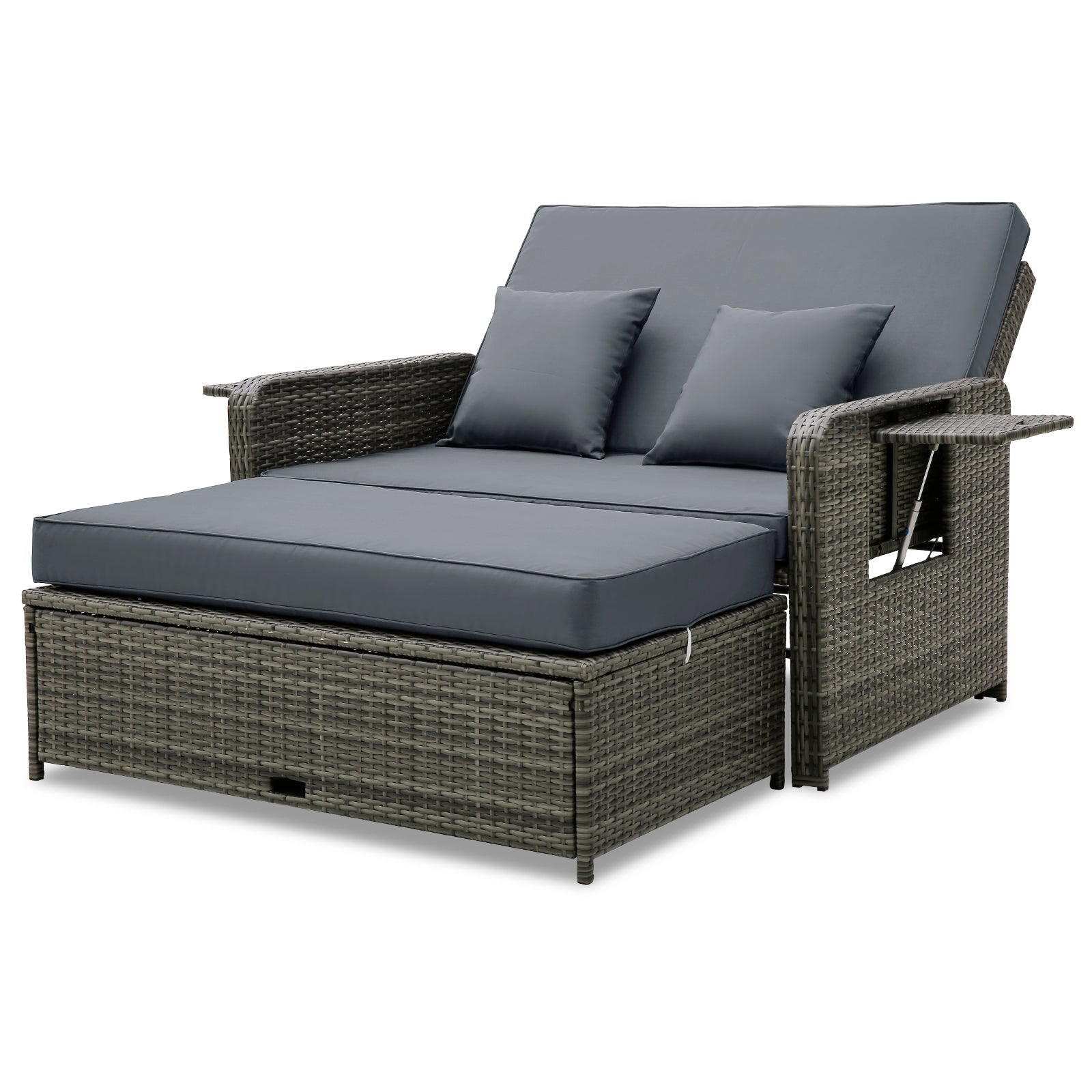 Wicker Loveseat Sofa with Multipurpose Ottoman and Retractable Side Tray, Gray Patio Furniture Sets Gray at Gallery Canada