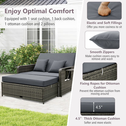 Wicker Loveseat Sofa with Multipurpose Ottoman and Retractable Side Tray, Gray Patio Furniture Sets at Gallery Canada