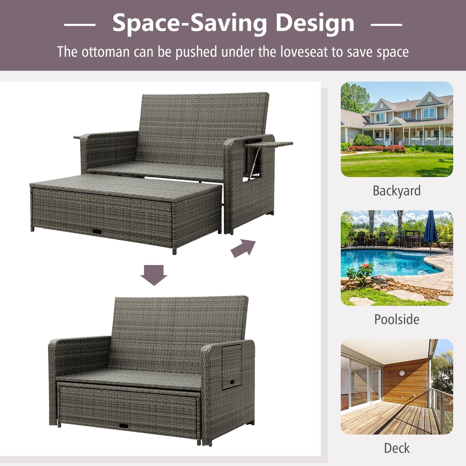 Wicker Loveseat Sofa with Multipurpose Ottoman and Retractable Side Tray, Gray Patio Furniture Sets at Gallery Canada