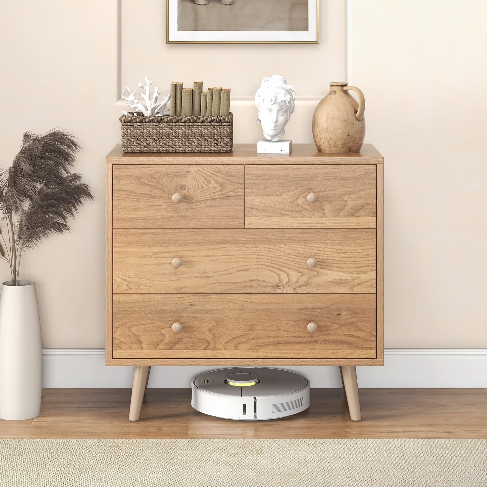 4-Drawer Dresser Cabinet Storage Organizer Rubber Leg with Rail, Natural Cabinets & Chests at Gallery Canada