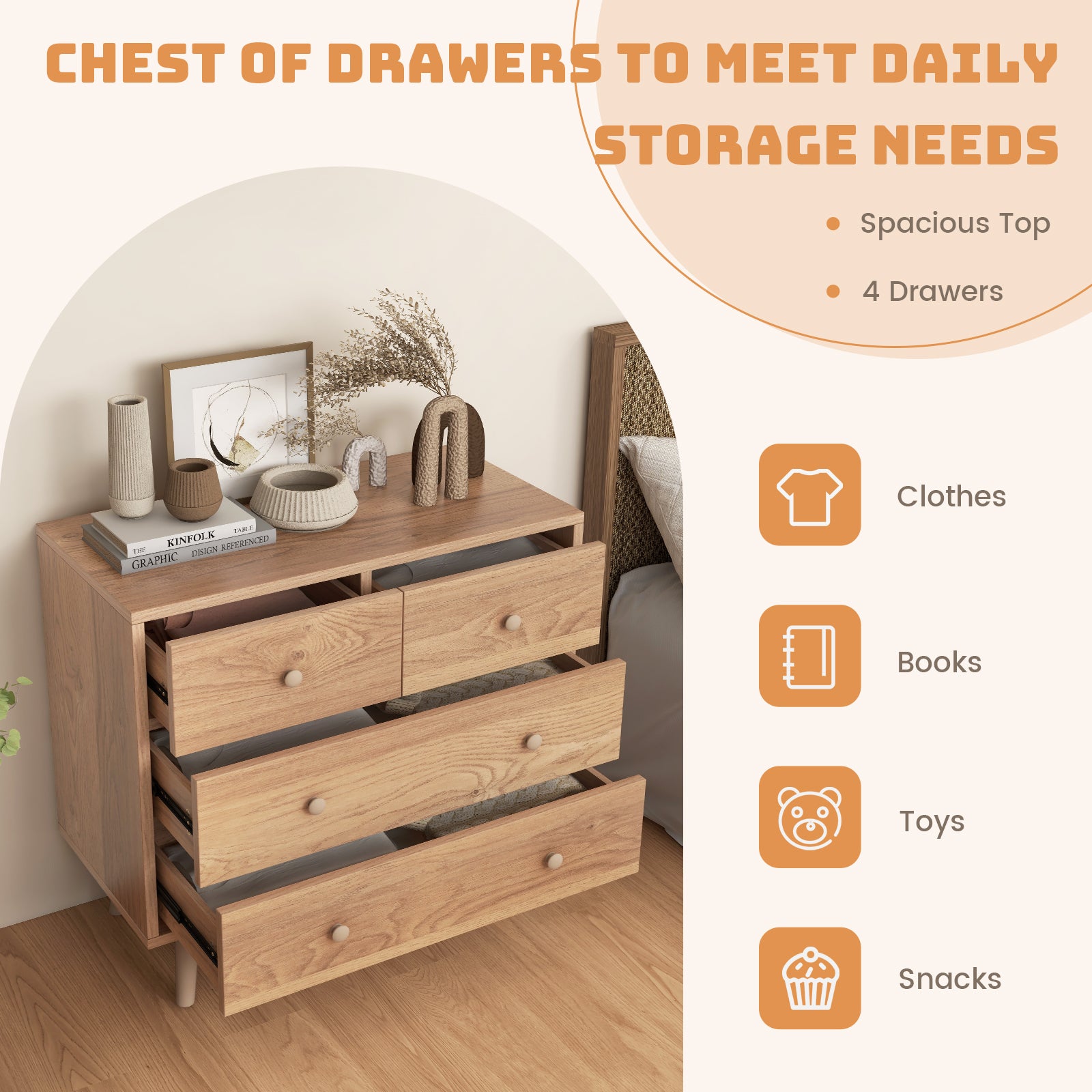 4-Drawer Dresser Cabinet Storage Organizer Rubber Leg with Rail, Natural Cabinets & Chests at Gallery Canada