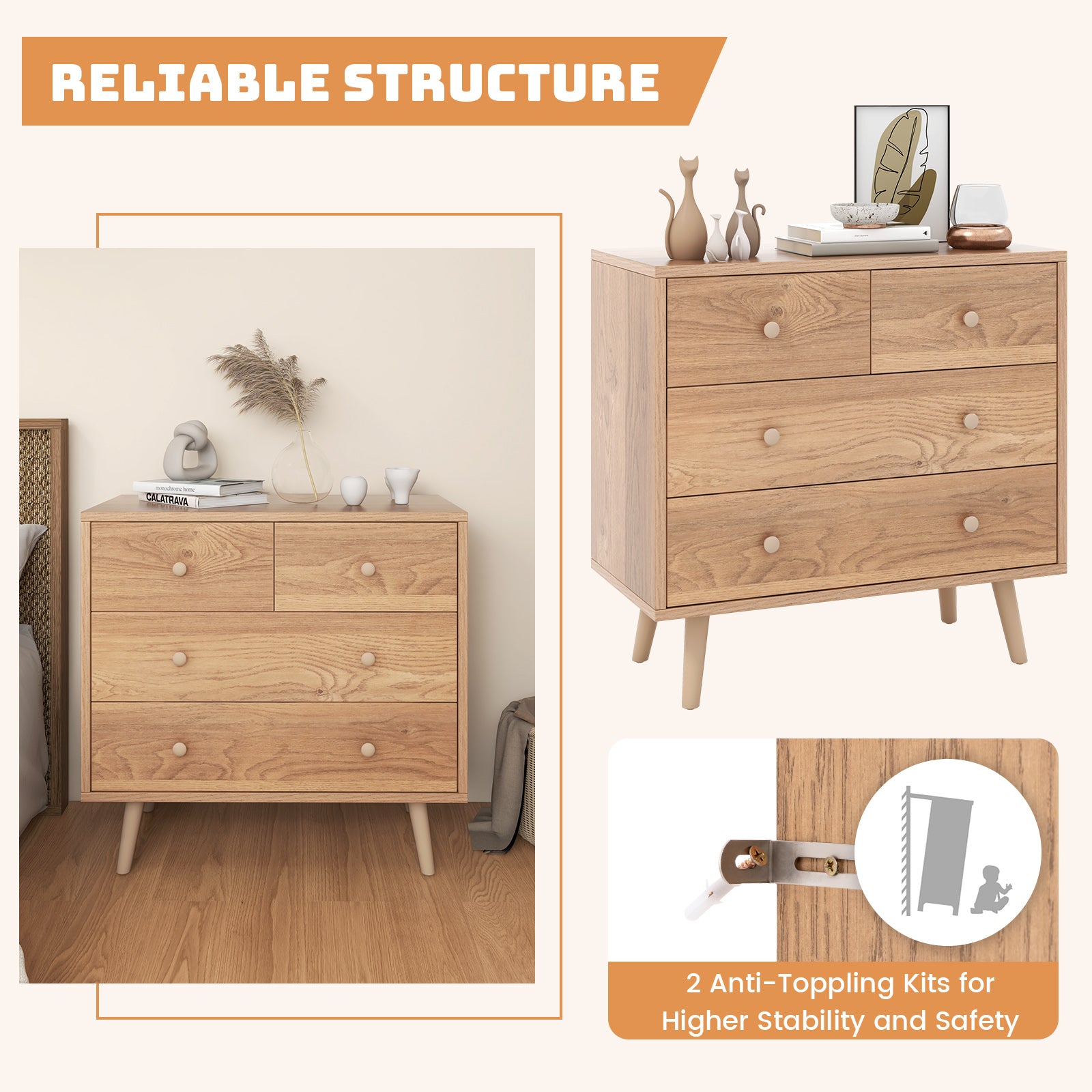 4-Drawer Dresser Cabinet Storage Organizer Rubber Leg with Rail, Natural Cabinets & Chests at Gallery Canada