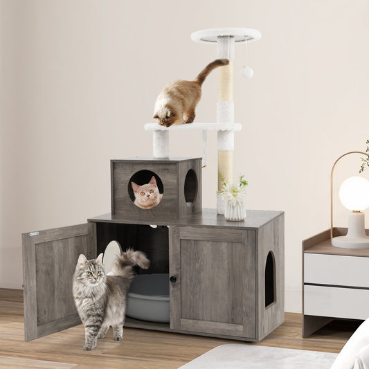 Cat Tree with Litter Box Enclosure with Cat Condo, Gray - Gallery Canada