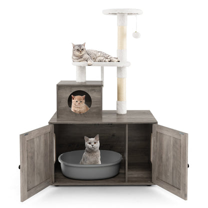 Cat Tree with Litter Box Enclosure with Cat Condo, Gray