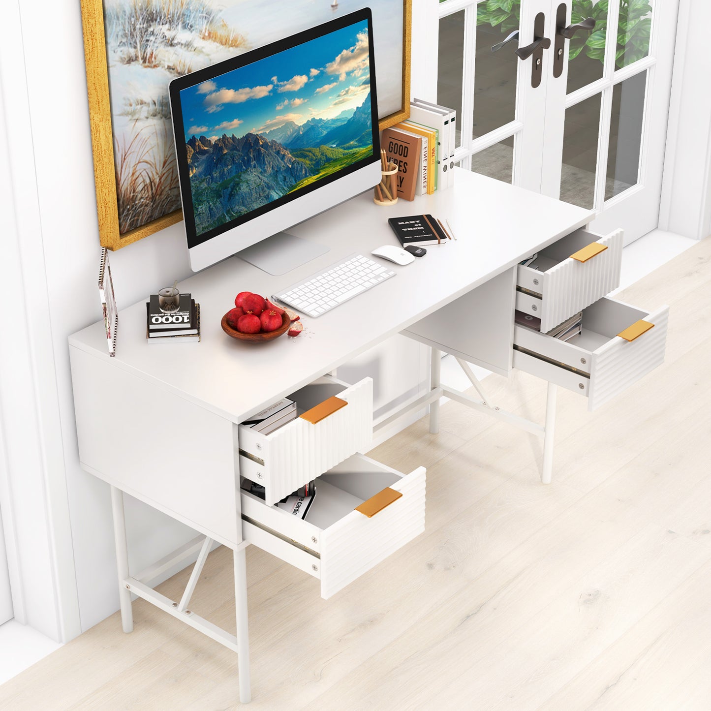 48 Inch Home Office Computer Desk with 4 Drawers, White Computer Desks at Gallery Canada