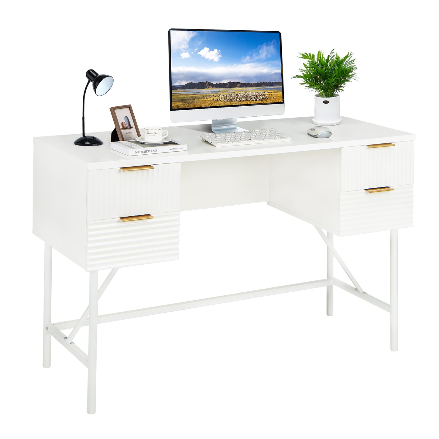 Bureau d'ordinateur de 48 pouces avec 4 tiroirs, Blanc