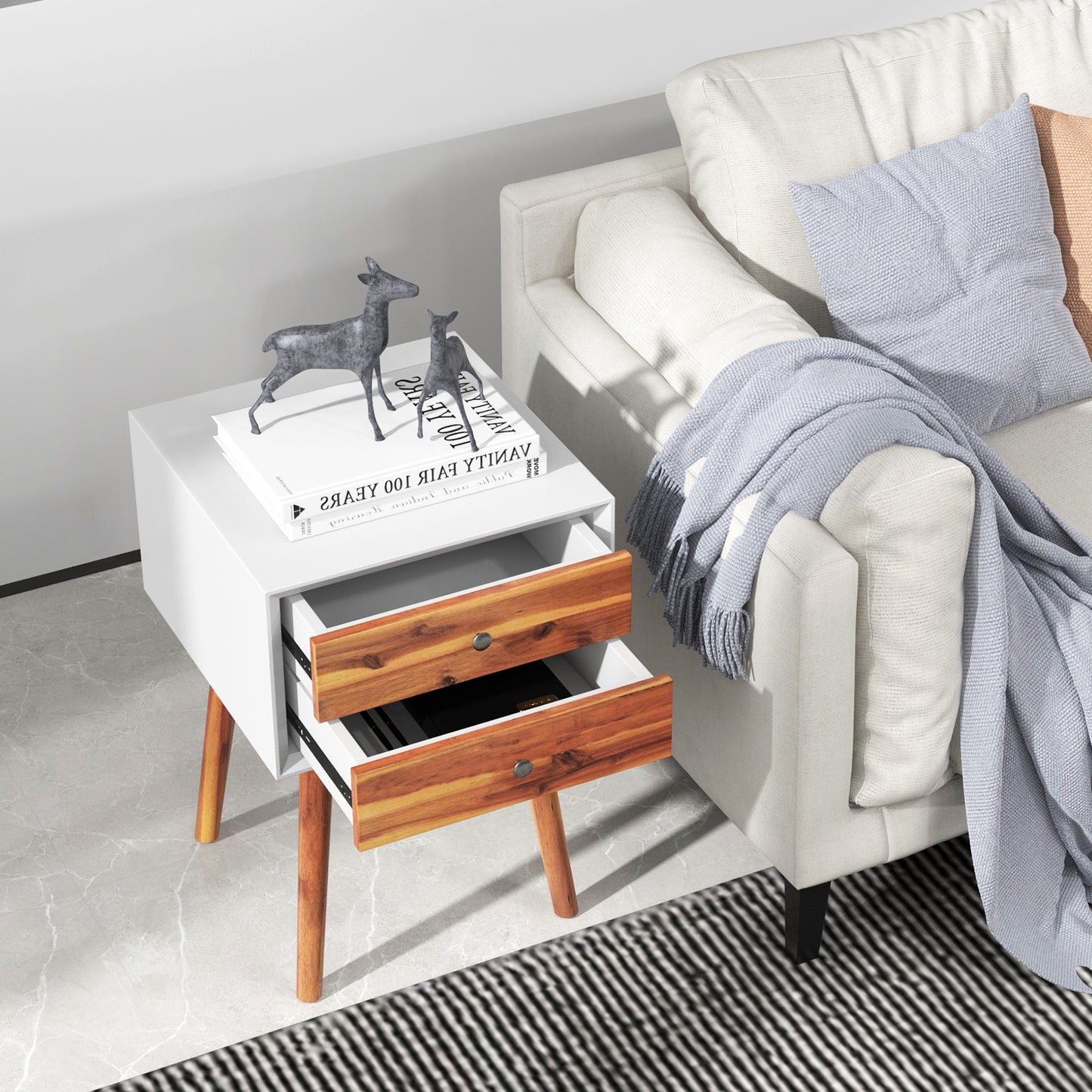 Wooden Nightstand Mid-Century End Side Table with 2 Storage Drawers, Brown Nightstands at Gallery Canada