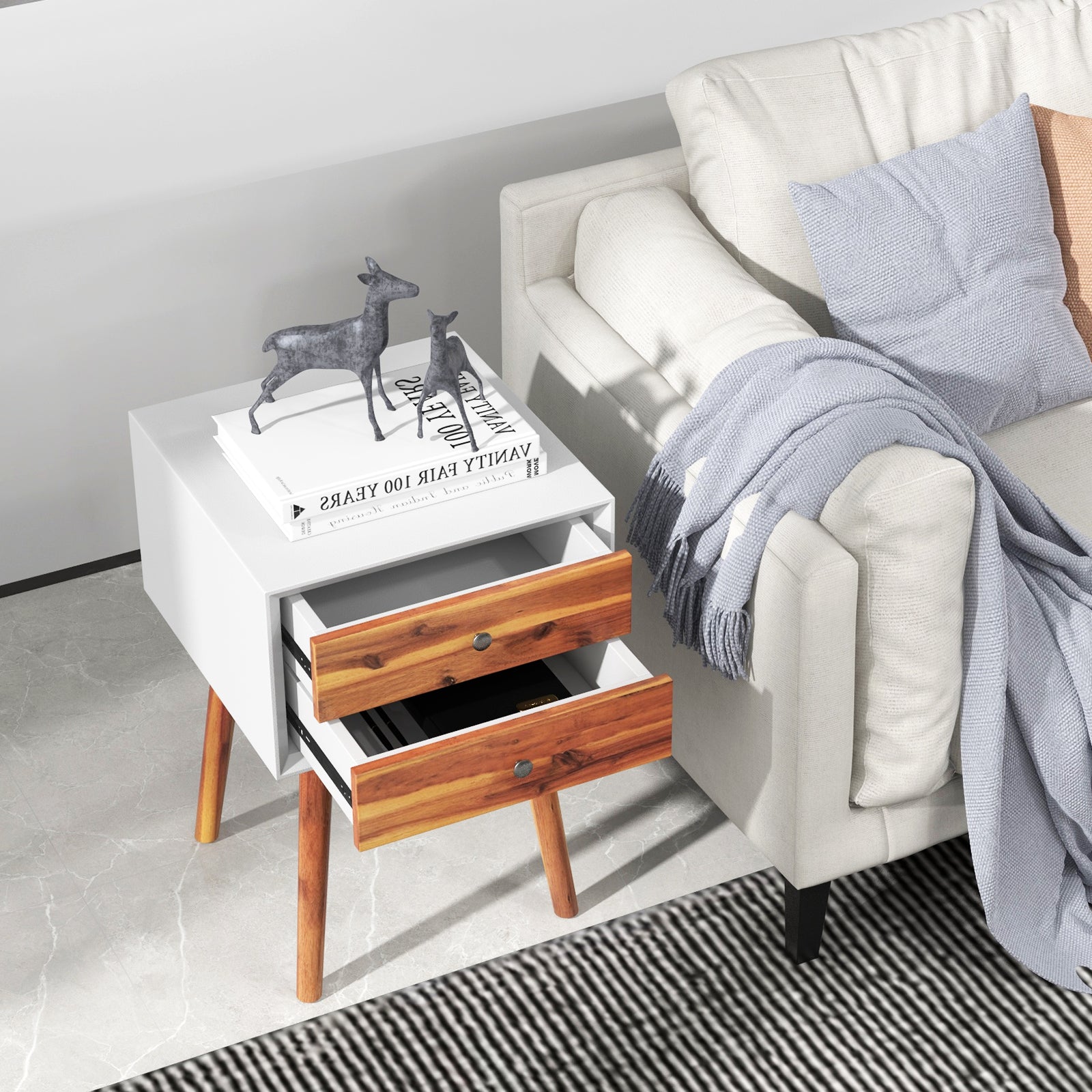 Wooden Nightstand Mid-Century End Side Table with 2 Storage Drawers, Brown Nightstands at Gallery Canada