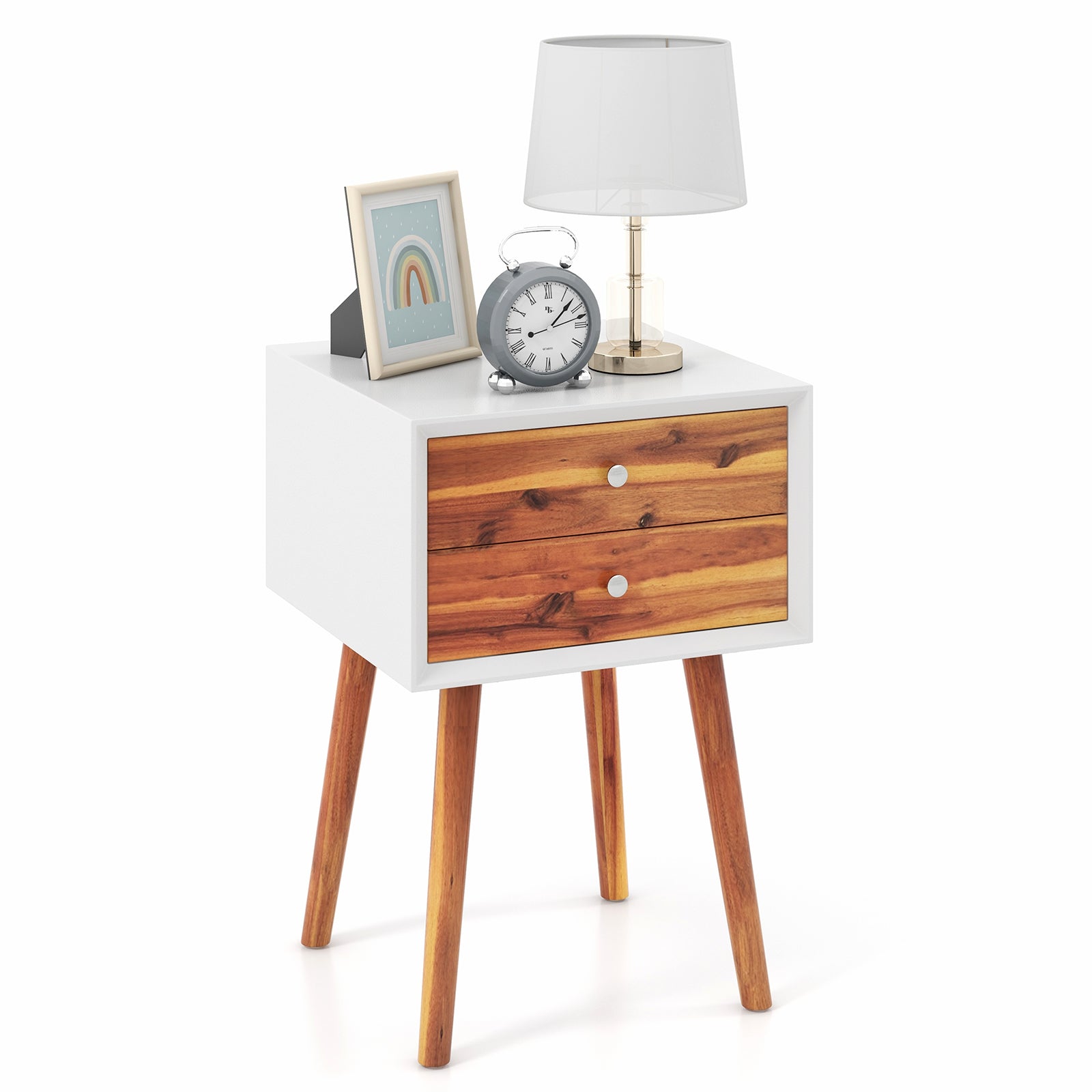 Wooden Nightstand Mid-Century End Side Table with 2 Storage Drawers, Brown Nightstands at Gallery Canada