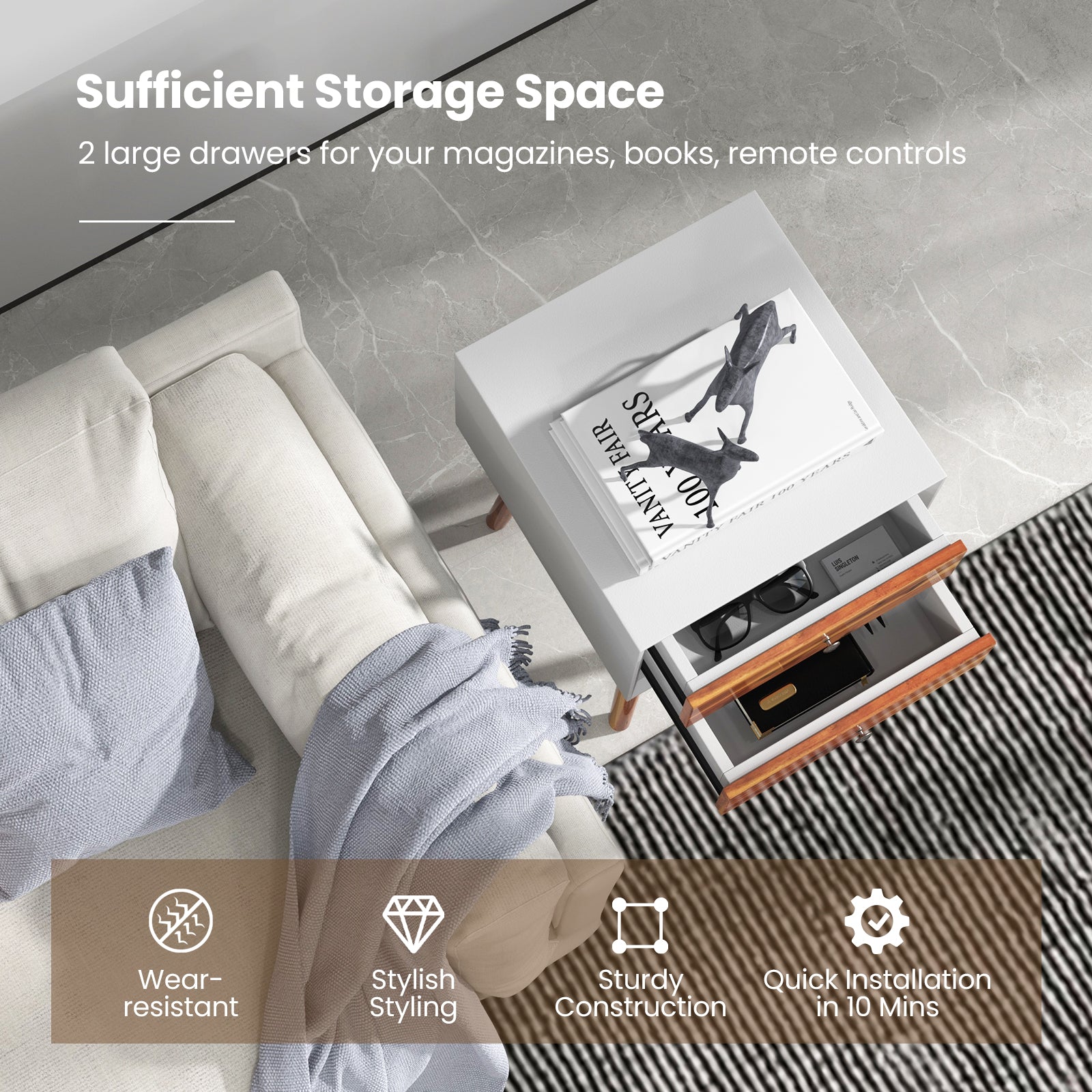 Wooden Nightstand Mid-Century End Side Table with 2 Storage Drawers, Brown Nightstands at Gallery Canada