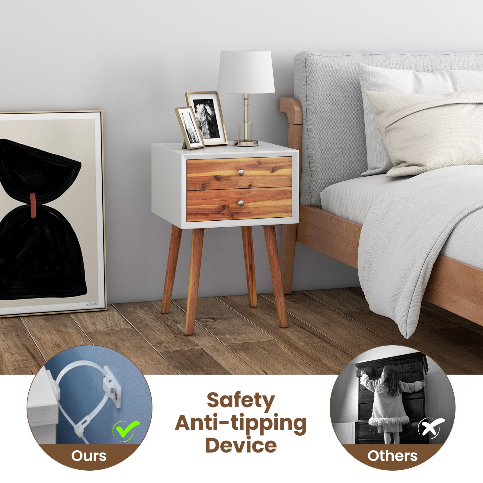 Wooden Nightstand Mid-Century End Side Table with 2 Storage Drawers, Brown Nightstands at Gallery Canada