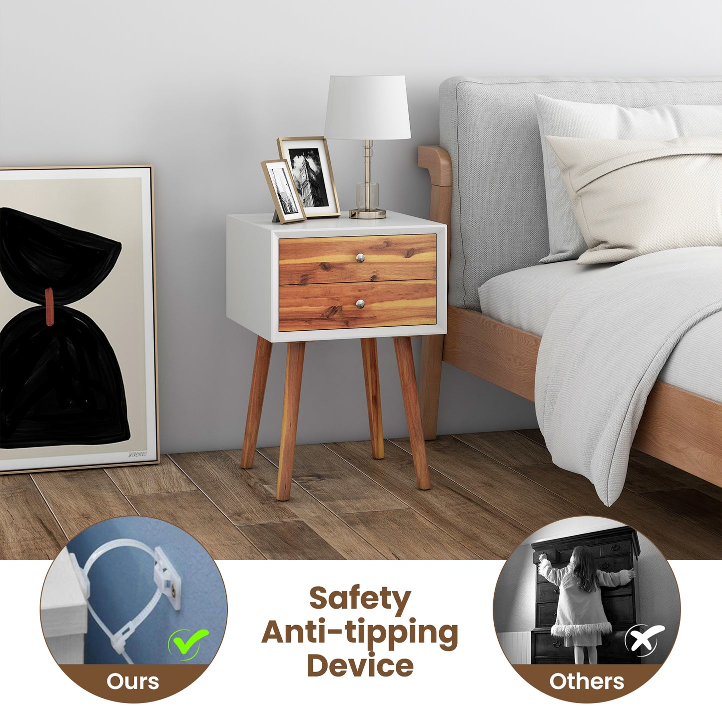 Wooden Nightstand Mid-Century End Side Table with 2 Storage Drawers, Brown Nightstands at Gallery Canada