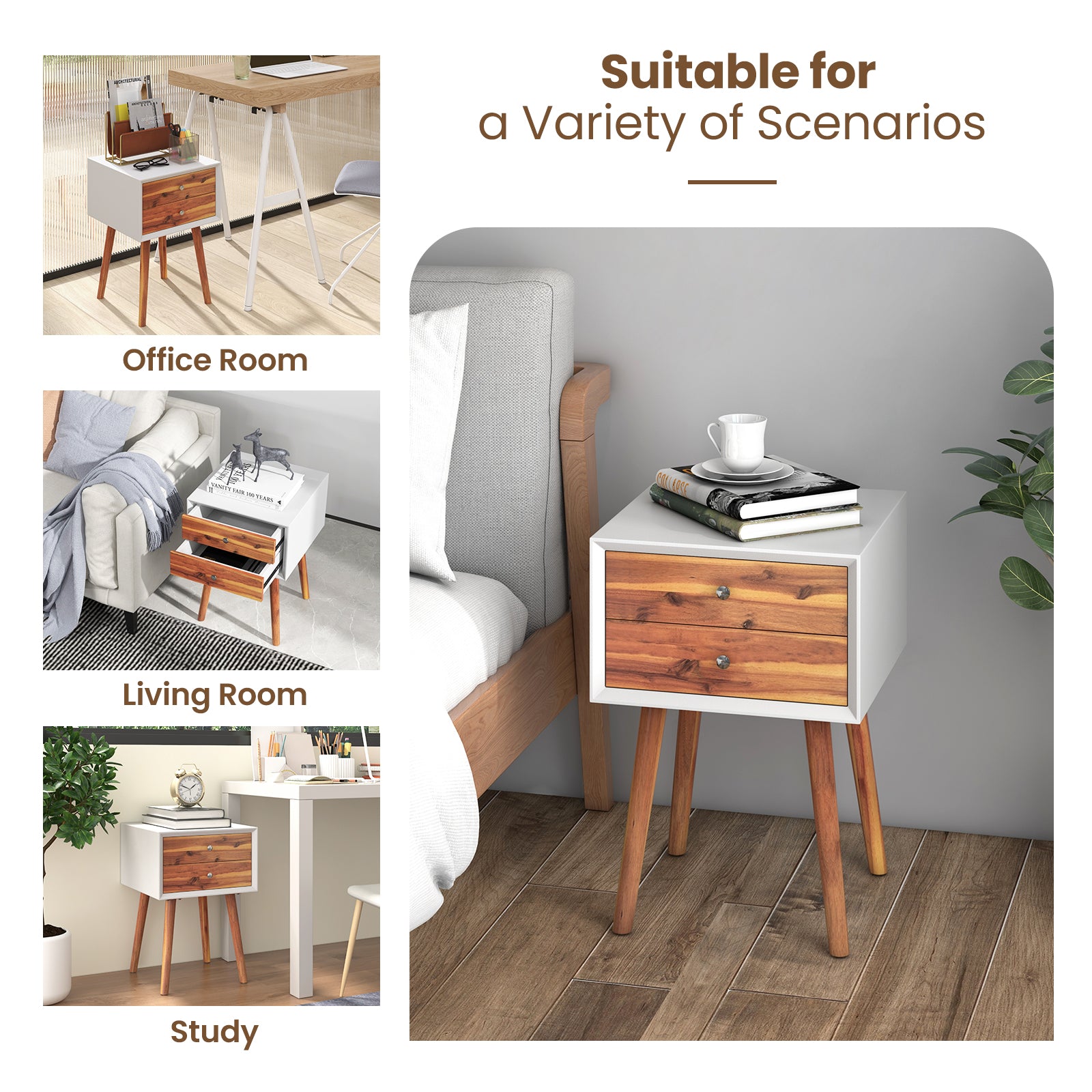 Wooden Nightstand Mid-Century End Side Table with 2 Storage Drawers, Brown Nightstands at Gallery Canada