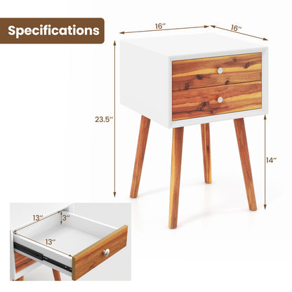 Wooden Nightstand Mid-Century End Side Table with 2 Storage Drawers, Brown Nightstands at Gallery Canada