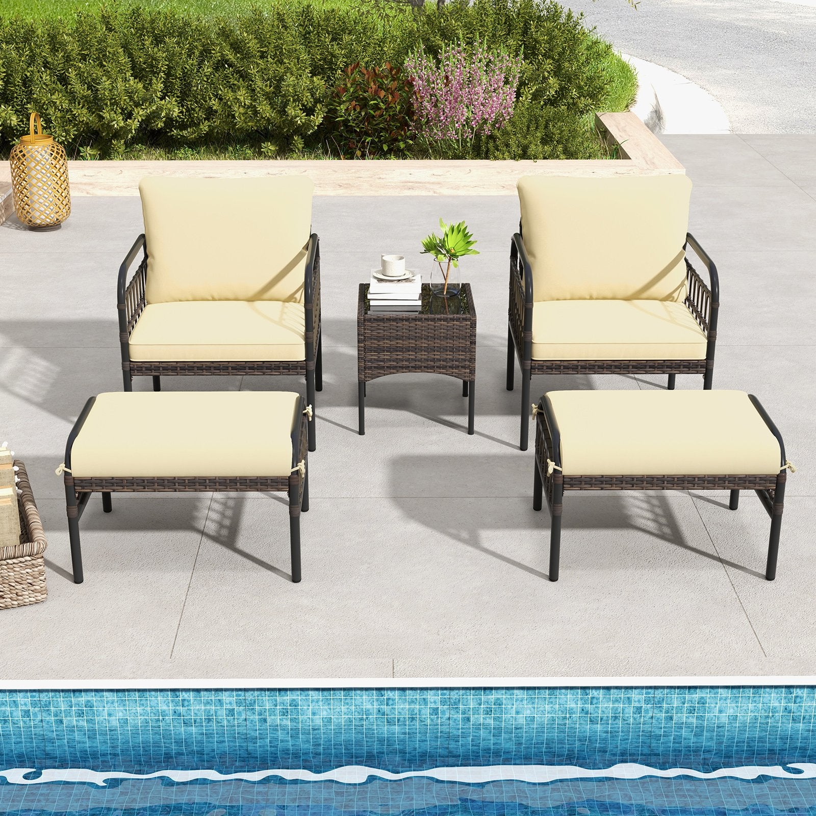 5 Piece Patio Conversation Set with Ottomans and Coffee Table, Beige Outdoor Chaise Lounges at Gallery Canada