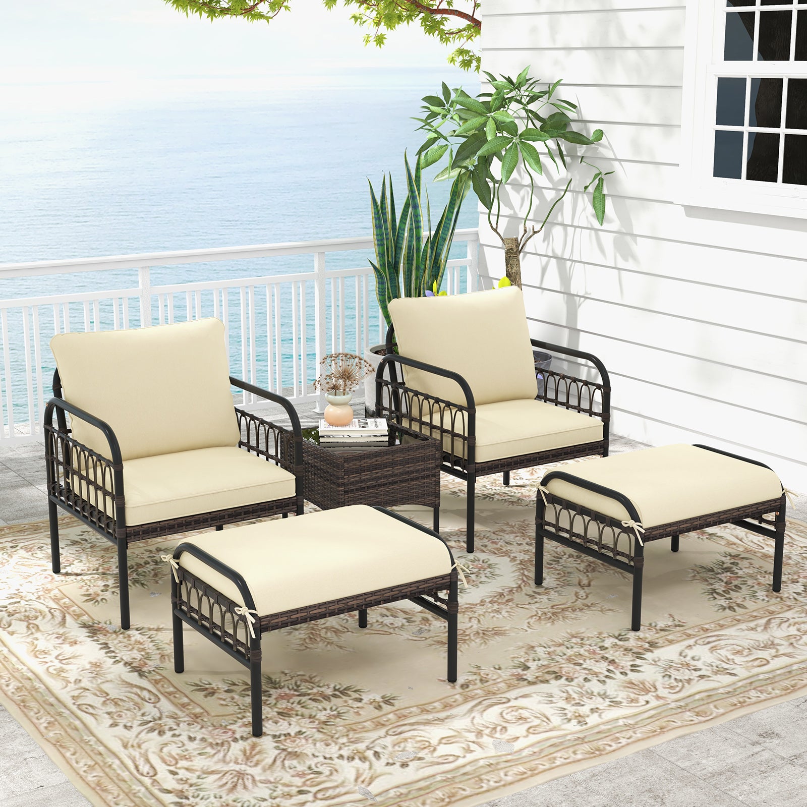 5 Piece Patio Conversation Set with Ottomans and Coffee Table, Beige Outdoor Chaise Lounges at Gallery Canada