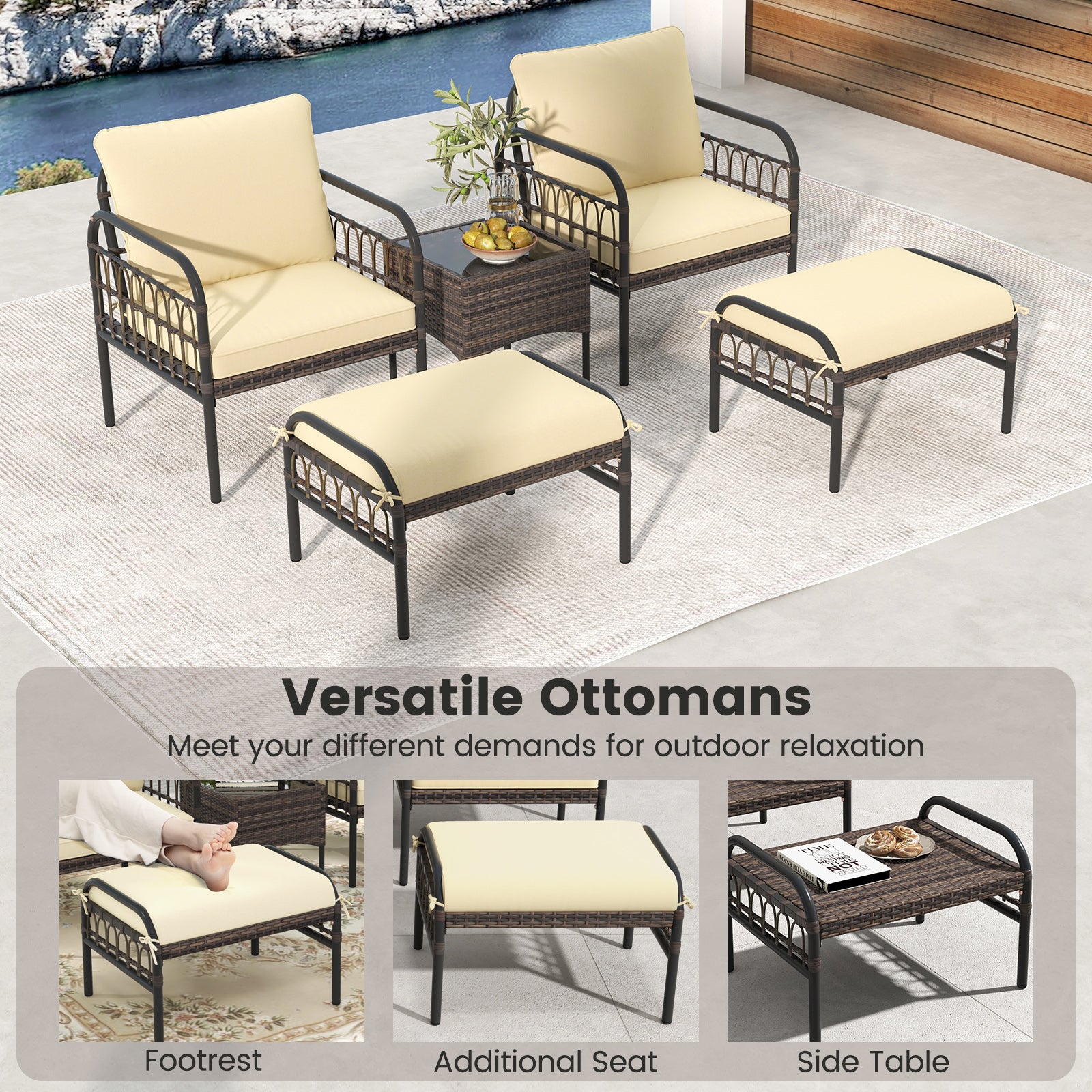 5 Piece Patio Conversation Set with Ottomans and Coffee Table, Beige Outdoor Chaise Lounges at Gallery Canada