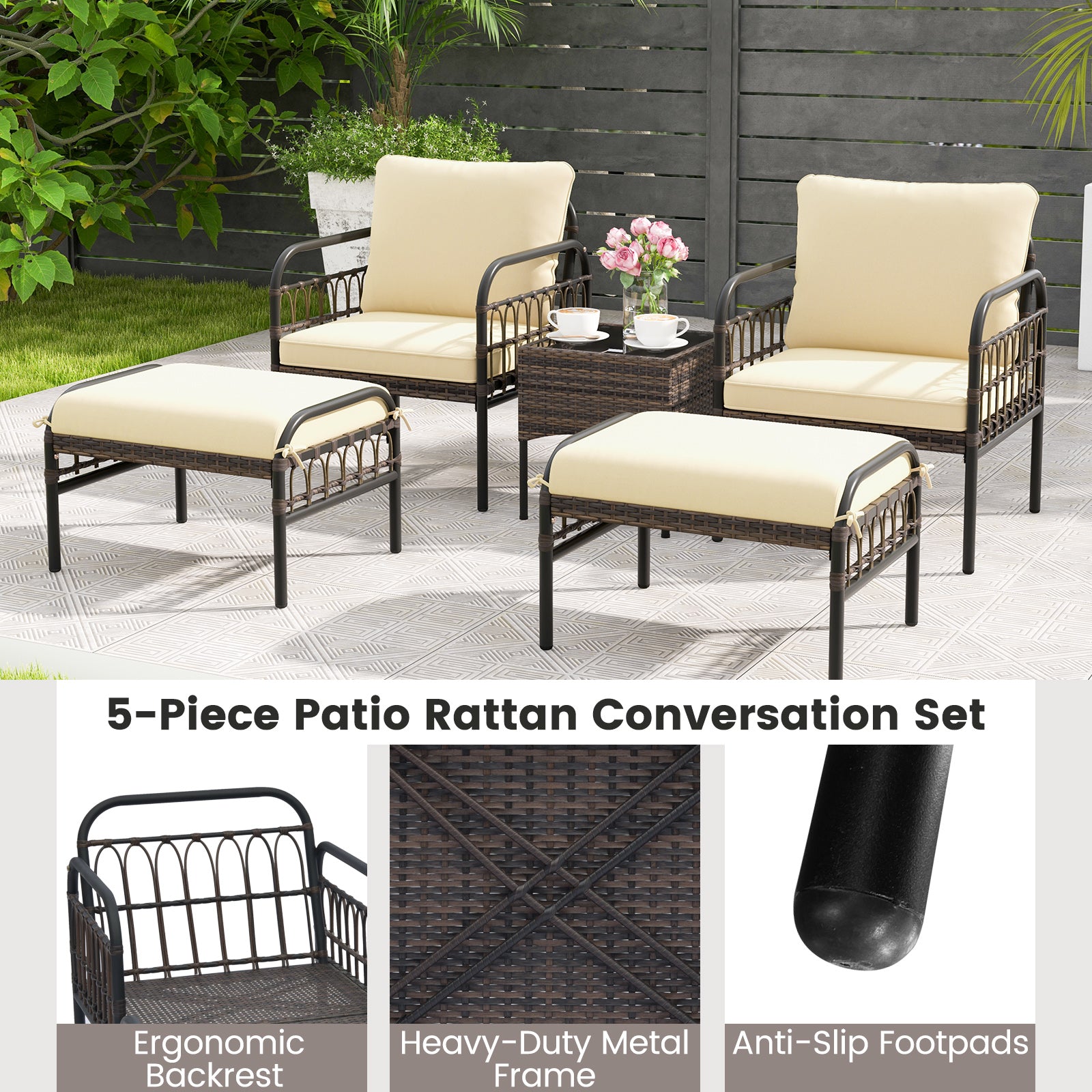5 Piece Patio Conversation Set with Ottomans and Coffee Table, Beige Outdoor Chaise Lounges at Gallery Canada