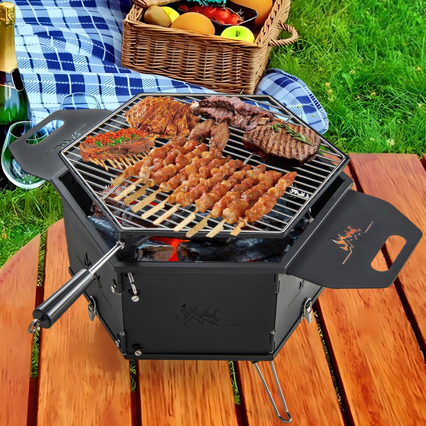 Portable Charcoal Grill Stove Rotatable with Foldable Body and Legs with Handles