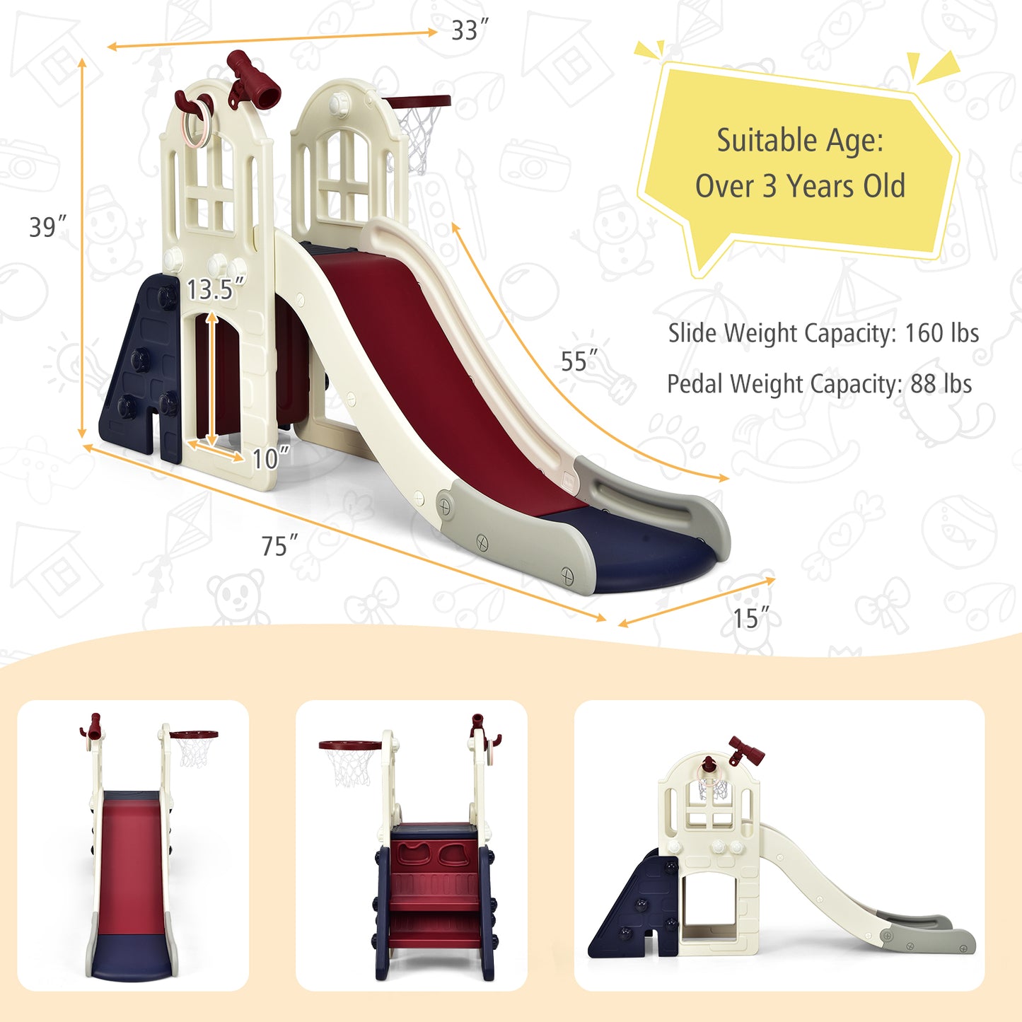 6-In-1 Large Slide for Kids Toddler Climber Slide Playset with Basketball Hoop, Blue Climbers & Slides at Gallery Canada