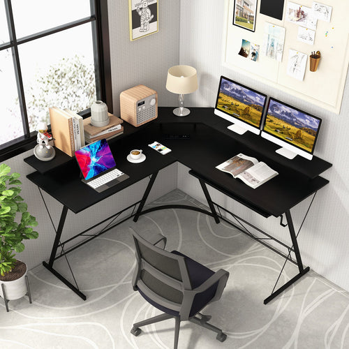 L-shaped Computer Desk with Power Outlet and Monitor Stand, Black