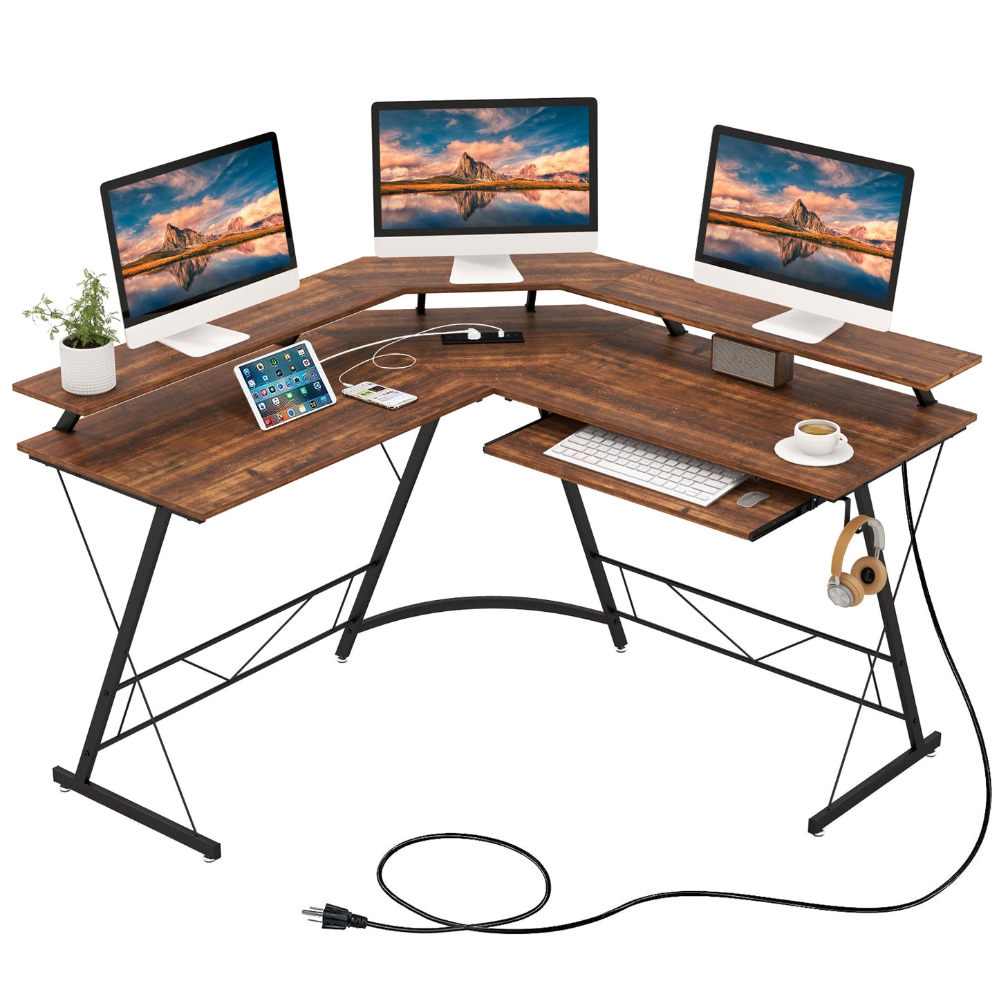 L-Shaped Computer Desk With Power Outlet, Monitor Stand, Rustic Brown L-Shaped Desks Rustic Brown at Gallery Canada