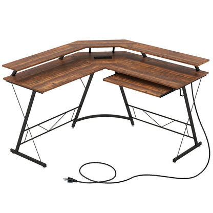 L-shaped Computer Desk with Power Outlet and Monitor Stand, Rustic Brown - Gallery Canada