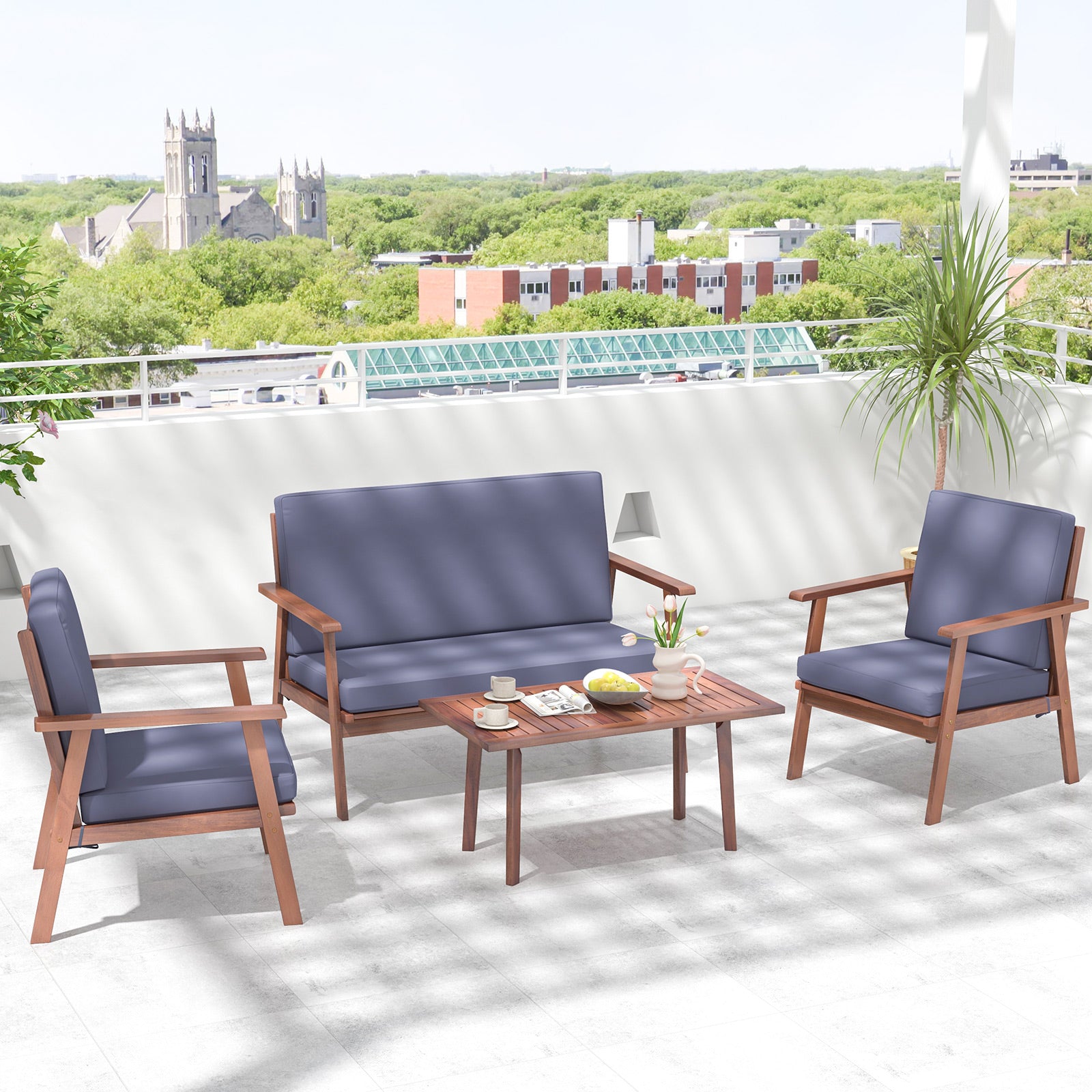 4 Piece Outdoor Acacia Wood Conversation Set with Soft Seat and Back Cushions, Gray Patio Conversation Sets at Gallery Canada