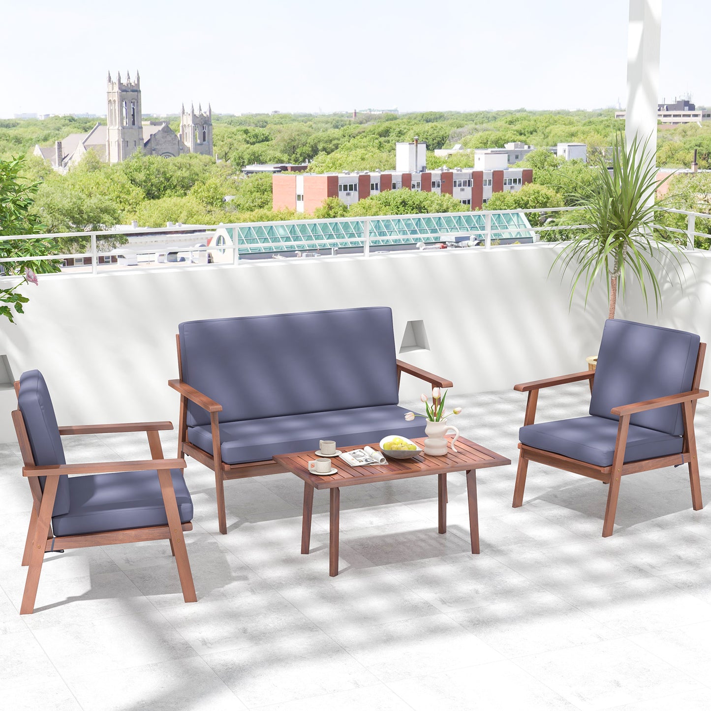 4 Piece Outdoor Acacia Wood Conversation Set with Soft Seat and Back Cushions, Gray Patio Conversation Sets at Gallery Canada