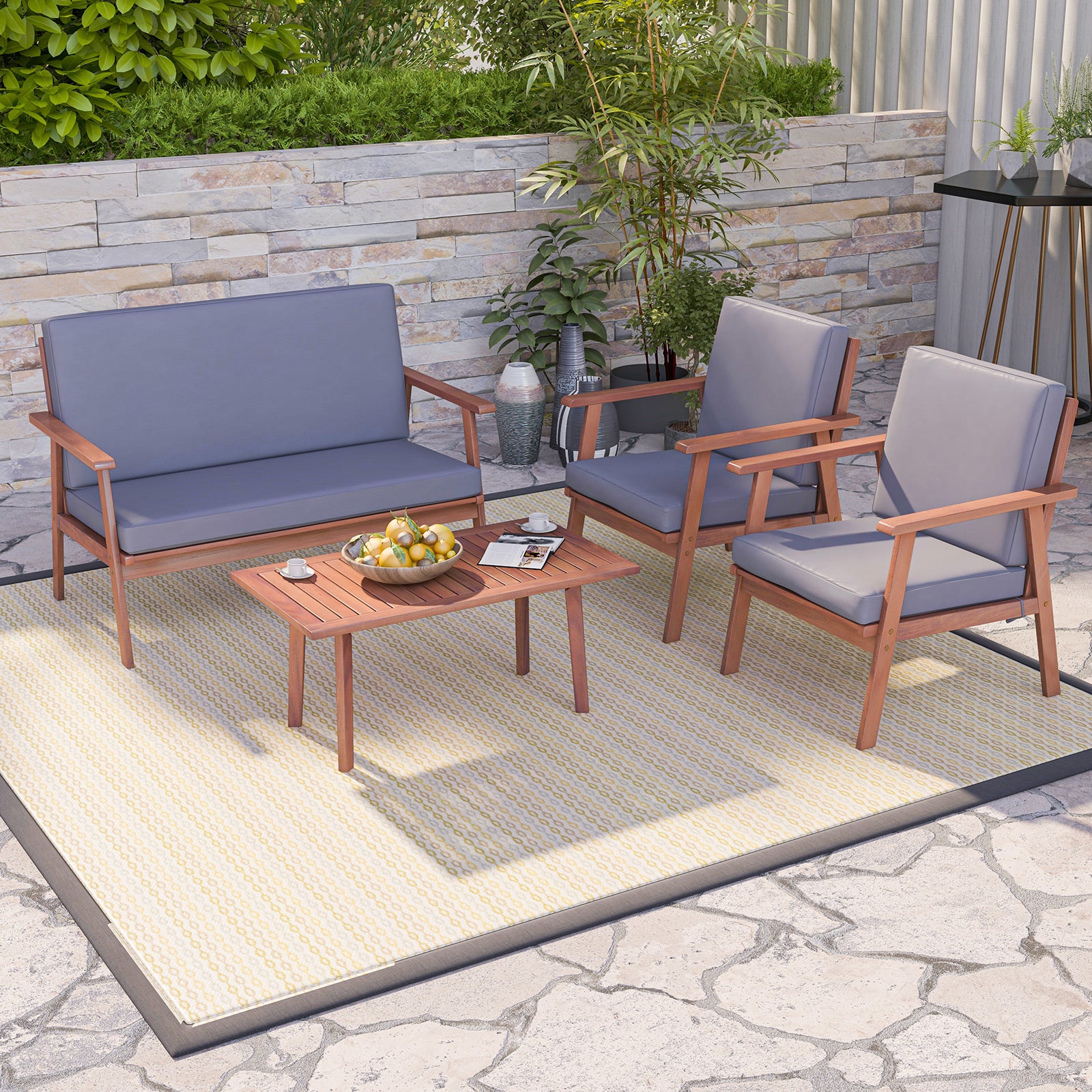 4 Piece Outdoor Acacia Wood Conversation Set with Soft Seat and Back Cushions, Gray Patio Conversation Sets at Gallery Canada
