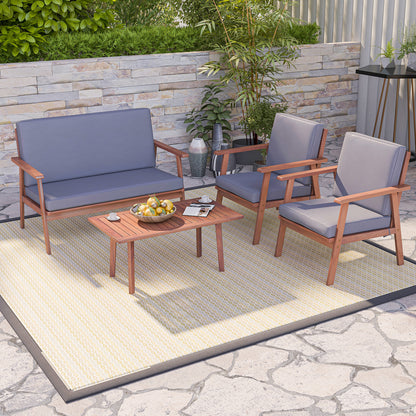 4 Piece Outdoor Acacia Wood Conversation Set with Soft Seat and Back Cushions, Gray Patio Conversation Sets at Gallery Canada