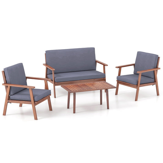 4 Piece Outdoor Acacia Wood Conversation Set with Soft Seat and Back Cushions, Gray - Gallery Canada