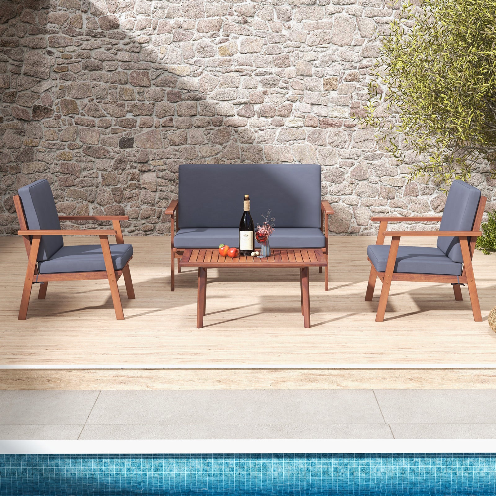 4 Piece Outdoor Acacia Wood Conversation Set with Soft Seat and Back Cushions, Gray Patio Conversation Sets at Gallery Canada
