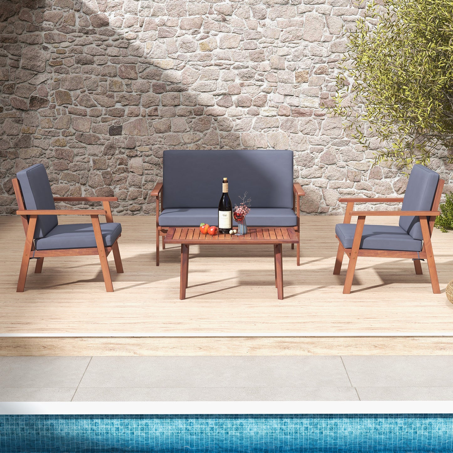 4 Piece Outdoor Acacia Wood Conversation Set with Soft Seat and Back Cushions, Gray Patio Conversation Sets at Gallery Canada