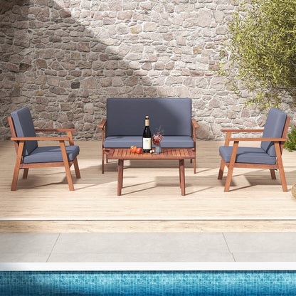 4 Piece Outdoor Acacia Wood Conversation Set with Soft Seat and Back Cushions, Gray Patio Conversation Sets at Gallery Canada