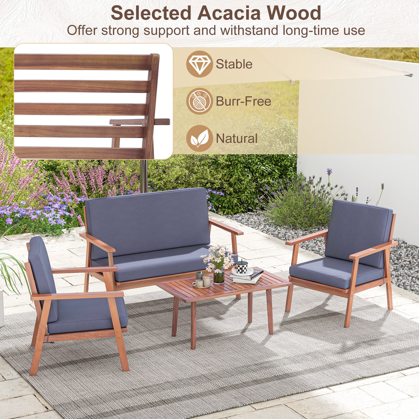 4 Piece Outdoor Acacia Wood Conversation Set with Soft Seat and Back Cushions, Gray Patio Conversation Sets at Gallery Canada