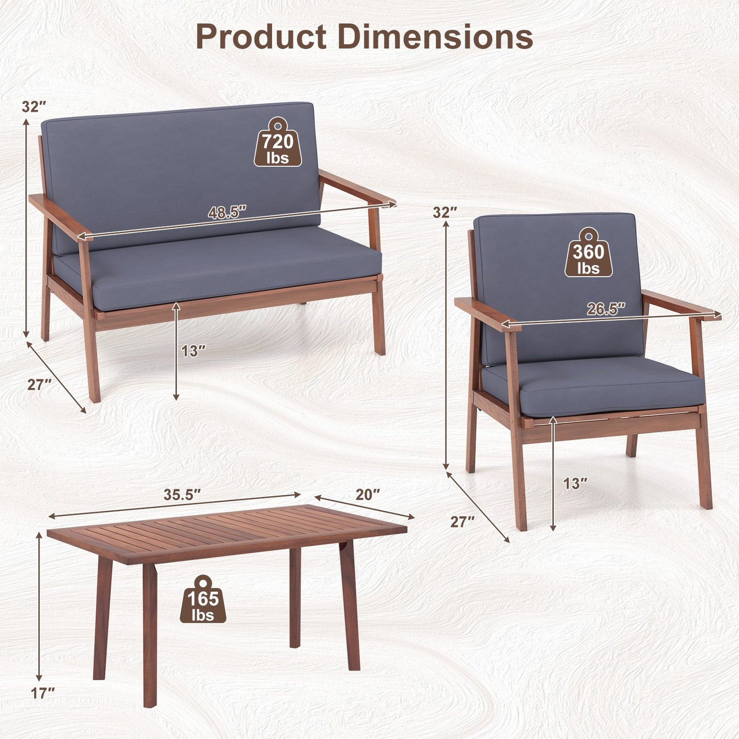 4 Piece Outdoor Acacia Wood Conversation Set with Soft Seat and Back Cushions, Gray Patio Conversation Sets at Gallery Canada