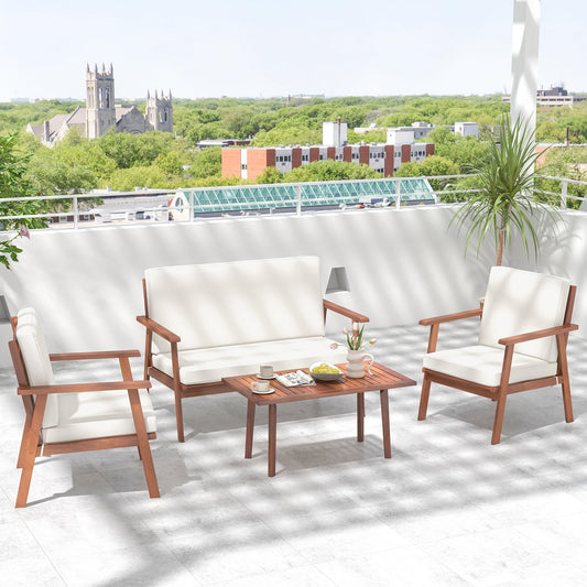4 Piece Outdoor Acacia Wood Conversation Set with Soft Seat and Back Cushions, White - Gallery Canada