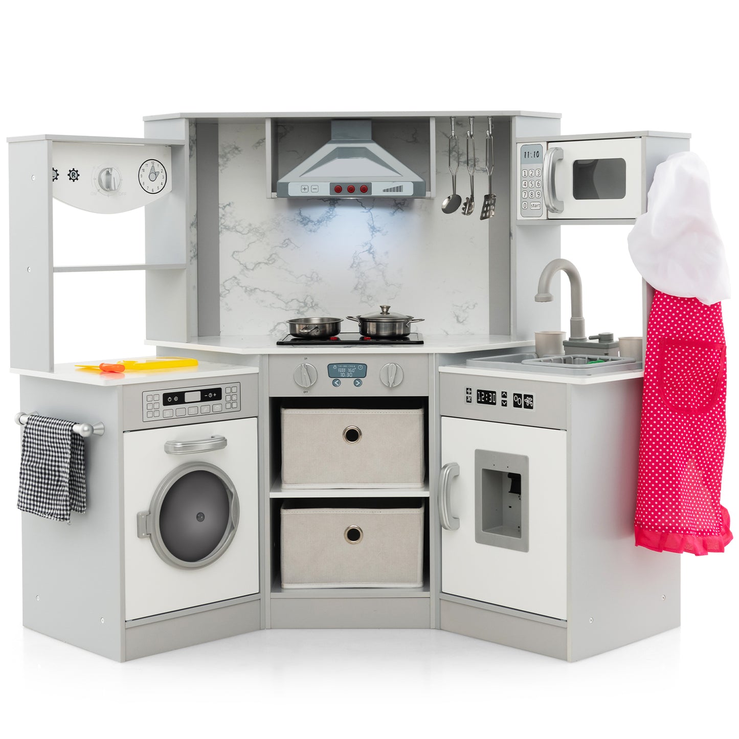 Wooden Kids Play Kitchen Playset with Realistic Lights and Sounds, Gray Play Kitchen Sets Gray at Gallery Canada