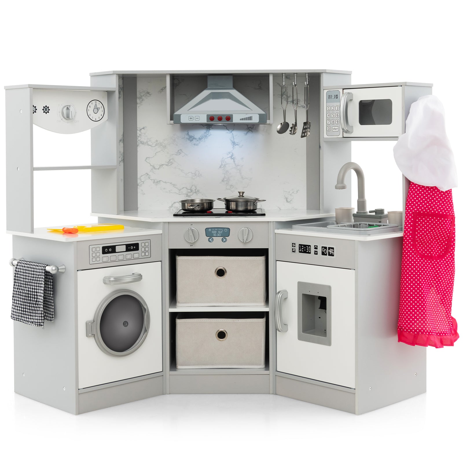 Wooden Kids Play Kitchen Playset with Realistic Lights and Sounds, Gray Play Kitchen Sets Gray at Gallery Canada