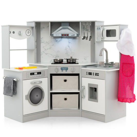 Wooden Kids Play Kitchen Playset with Realistic Lights and Sounds, Gray Play Kitchen Sets Gray at Gallery Canada