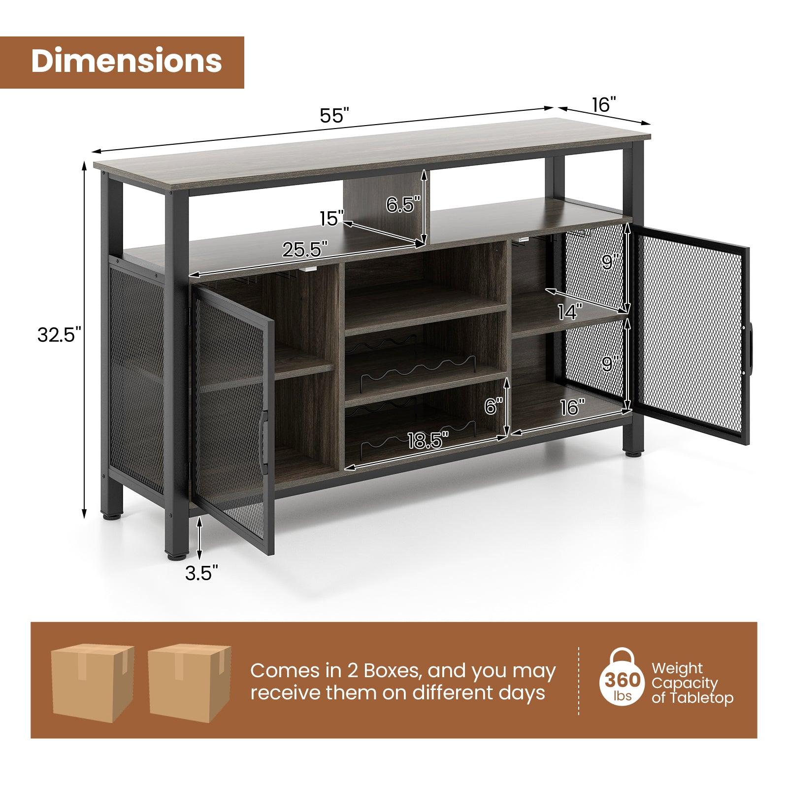 55-Inch Buffet Sideboard with 8-Bottle Wine Racks and Wine Glass Holders, Gray Sideboards Cabinets & Buffets at Gallery Canada
