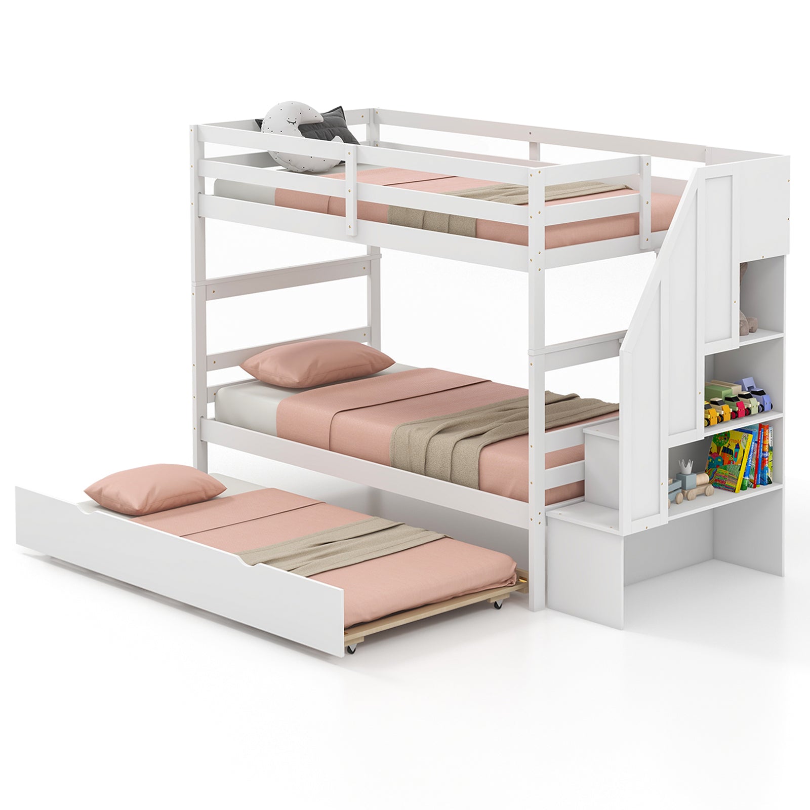 Wood Bunk Bed With Guard Rail, Storage Stairs, White Bunk Bed Frame at Gallery Canada