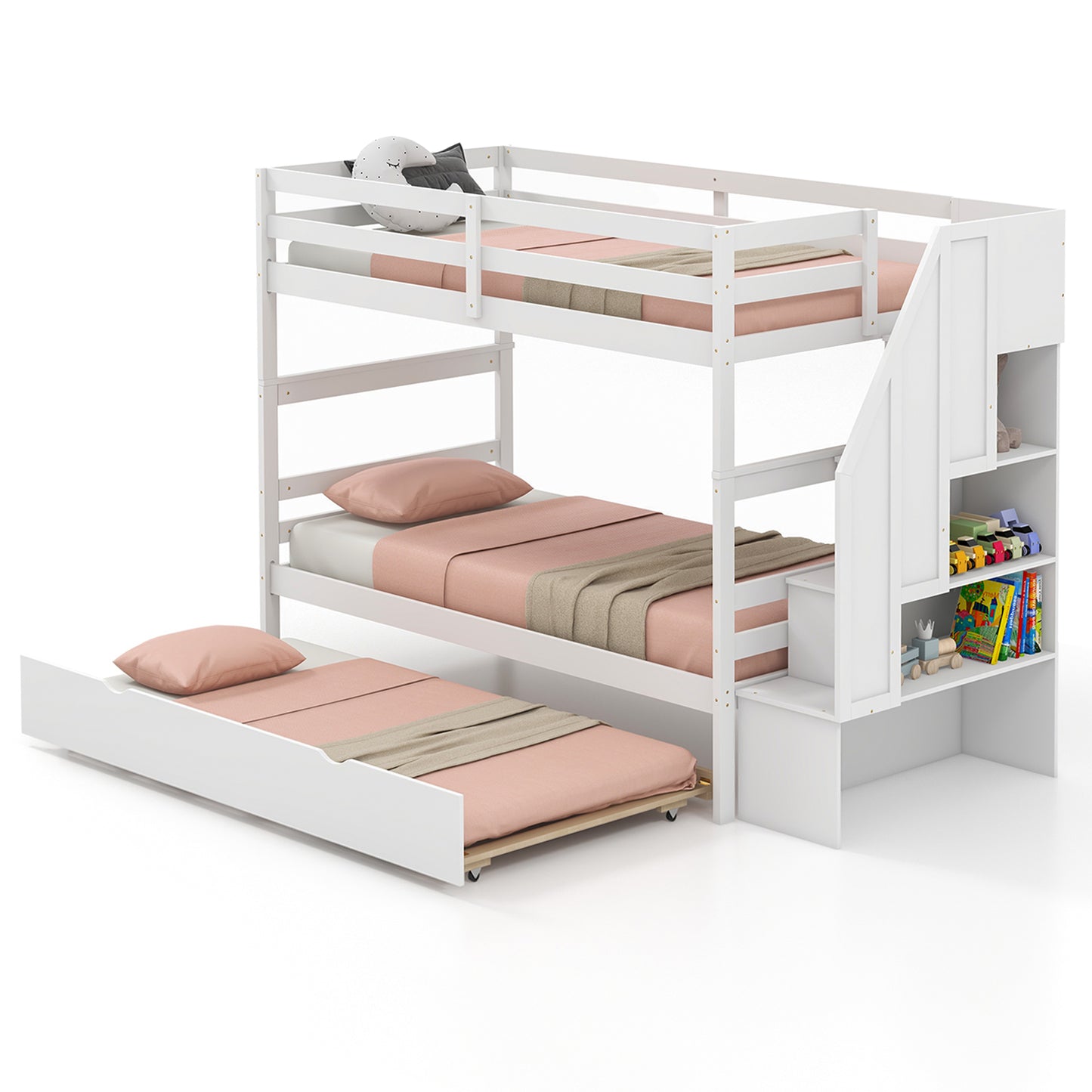 Wood Bunk Bed With Guard Rail, Storage Stairs, White Bunk Bed Frame at Gallery Canada
