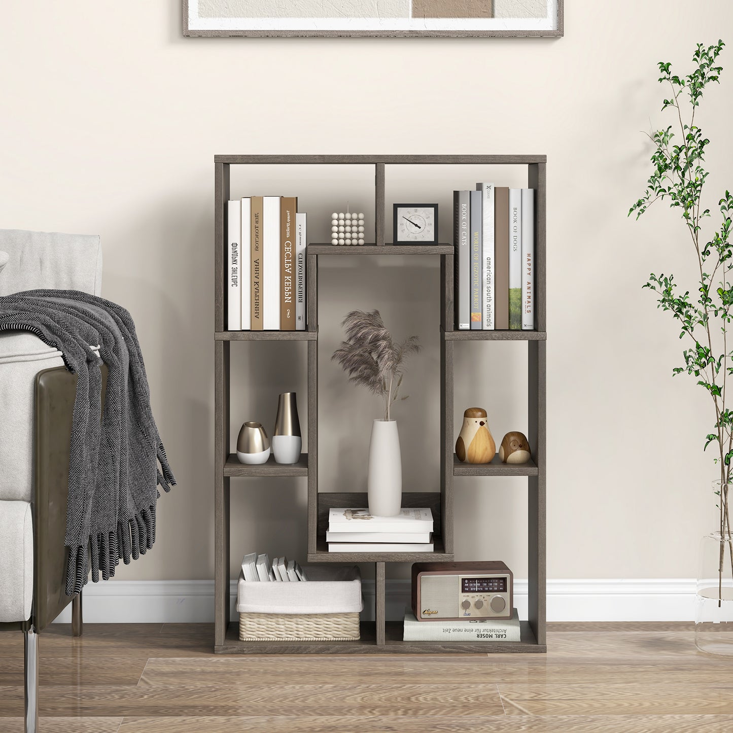 7-Cube Geometric Bookshelf Modern Decorative Open Bookcase, Gray Bookcases at Gallery Canada