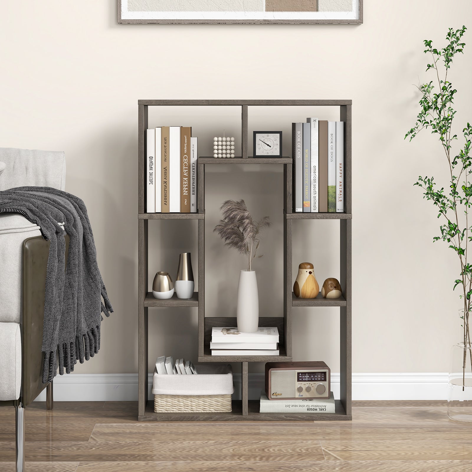 7-Cube Geometric Bookshelf Modern Decorative Open Bookcase, Gray Bookcases at Gallery Canada