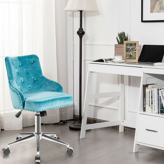 Tufted Upholstered Swivel Computer Desk Chair with Nailed Tri, Turquoise - Gallery Canada