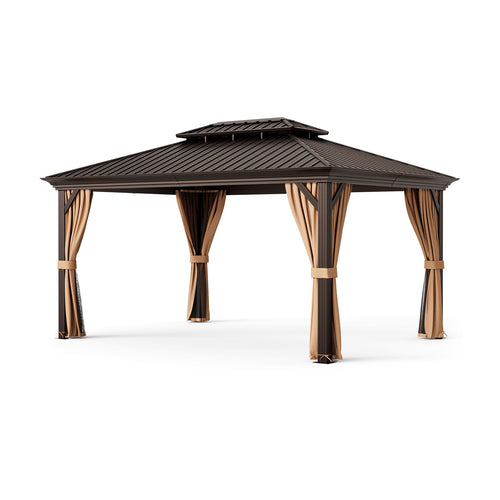 12' x 16' Double-Roof Hardtop Gazebo with Galvanized Steel Roof, Coffee