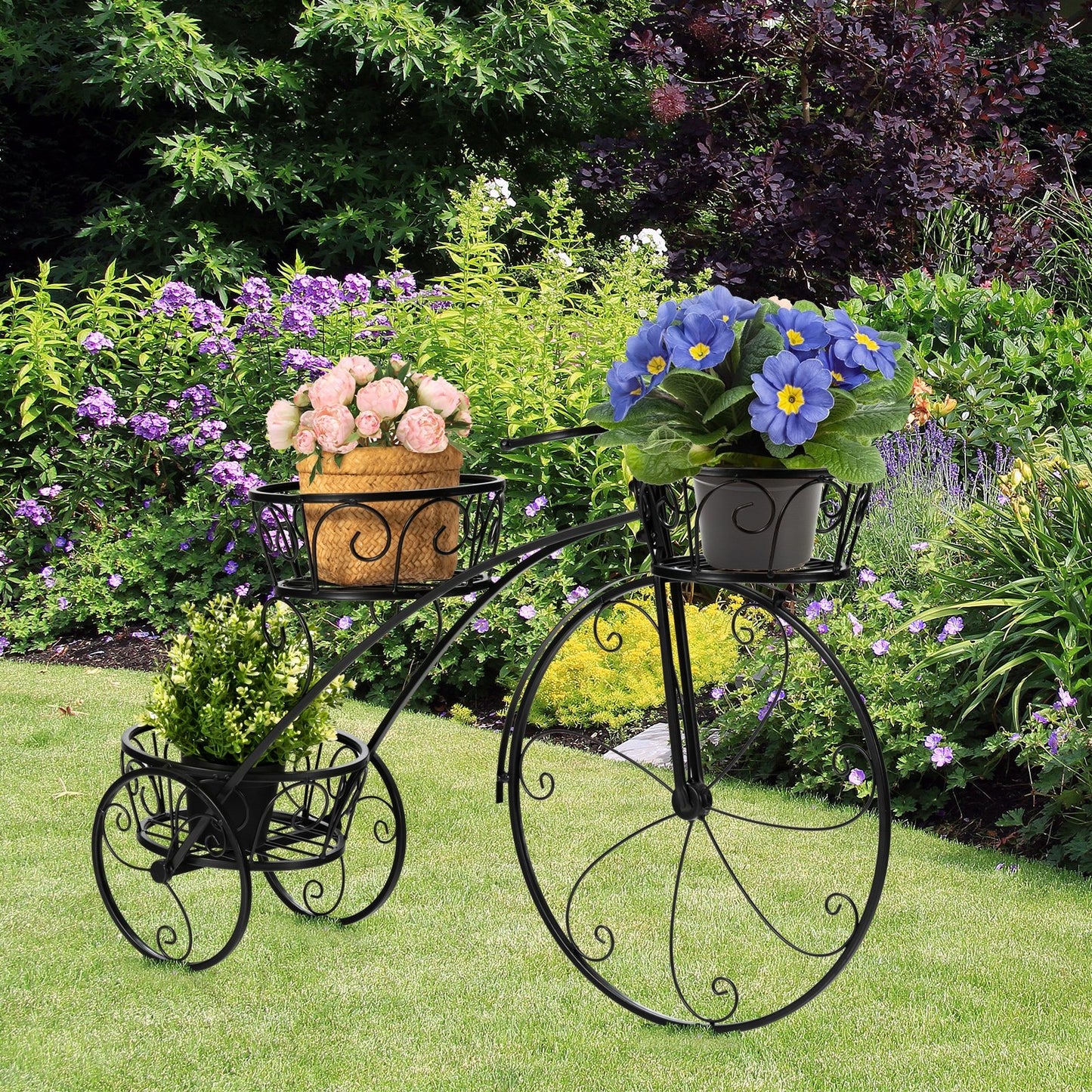Tricycle Plant Stand Flower Pot Cart Holder in Parisian Style, Black